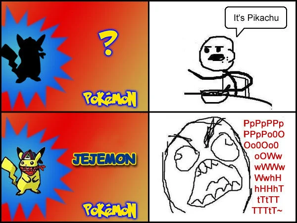 Four-panel comic contrasting normal Pikachu with jejemon Pikachu and a rage-face reaction in jejespeak