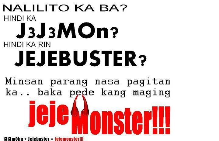 Photo collage of a young jejemon posing in oversized clothing labeled 'JEJEMONSTER'