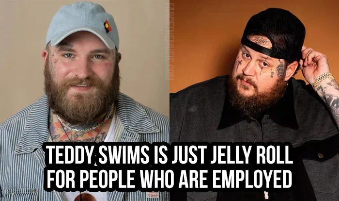 Jelly Roll Memes — Comparison meme: two men side-by-side with text 'Teddy Swims is just Jelly Roll for employed people'
