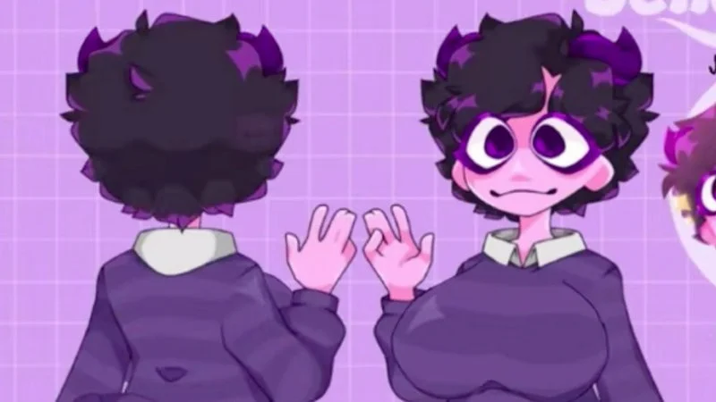 Jellybean Memes — An illustration featuring two cartoon characters with spiky black hair on a purple and pink gradient background.