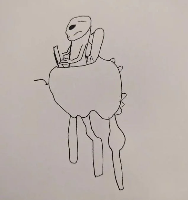 Jellyfish Ufo Uap — Hand-drawn sketch of an alien piloting an apple-shaped craft with dangling appendages