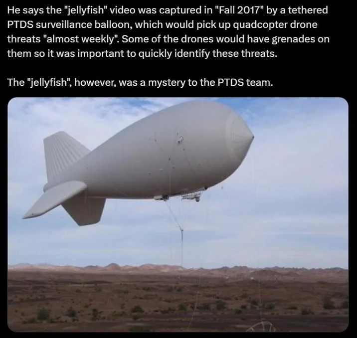 Jellyfish Ufo Uap — Screenshot describing the jellyfish UAP video origin with a photo of a tethered PTDS surveillance balloon