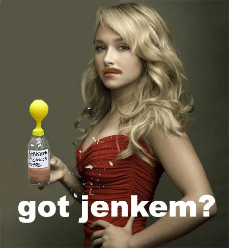 A woman in a red dress holds a bottle labeled 'Jenkem' in a parody of 'Got Milk?' advertising with text 'got jenkem?'