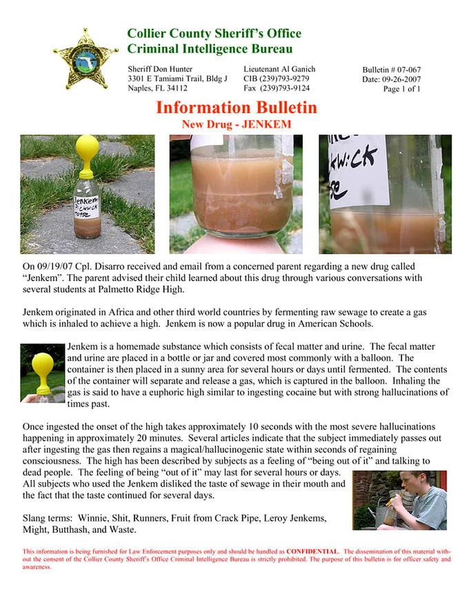 A Collier County Sheriff's Office information bulletin discussing Jenkem rumors with photos of the yellow balloon apparatus.