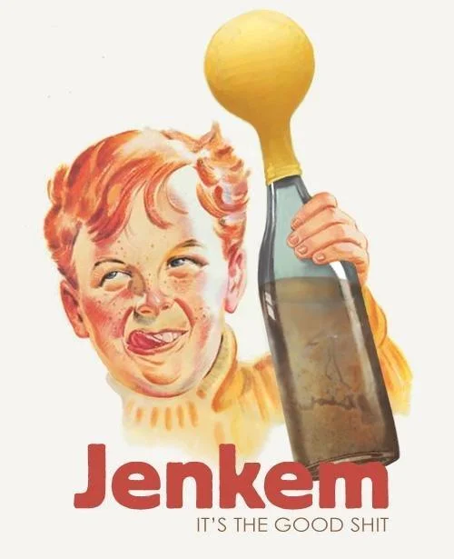 A vintage-style advertisement parody featuring a smiling child holding a yellow balloon with Jenkem bottle mimicking mid-century marketing.