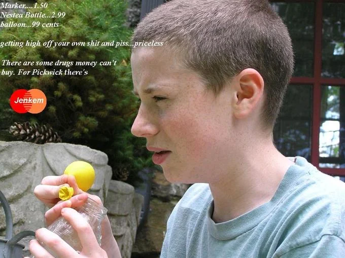 A young man in a blue shirt holds a yellow balloon filled with brown liquid with text overlays including prices and drug references and a red Jenkem badge.