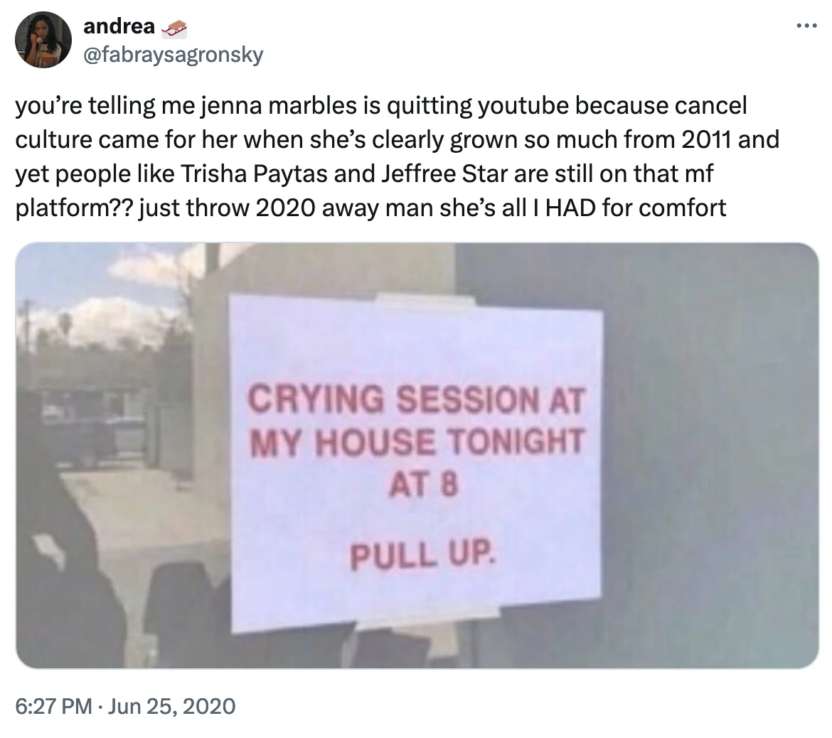 Tweet reacting to Jenna Marbles quitting YouTube with a crying session sign