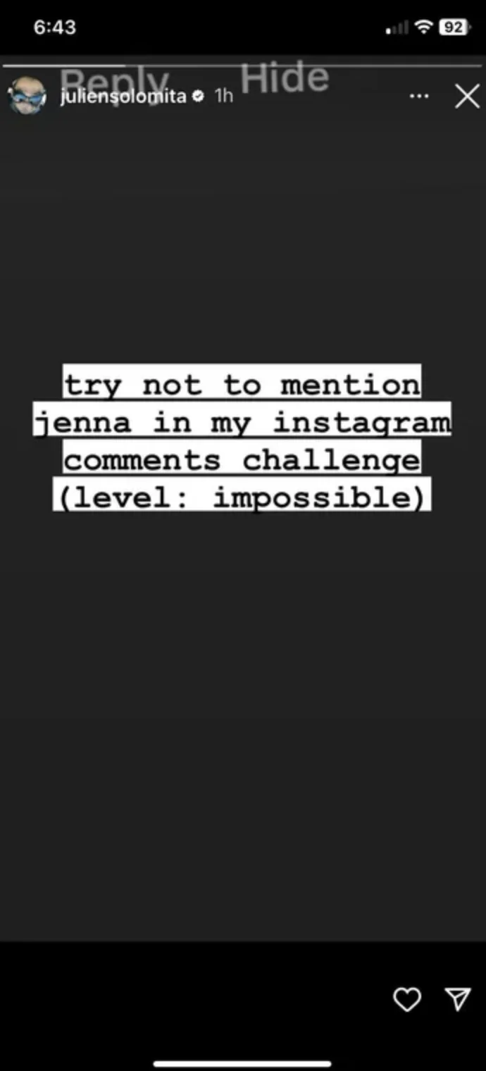 Jenna Marbles — Julien Solomita Instagram story about fans mentioning Jenna in comments