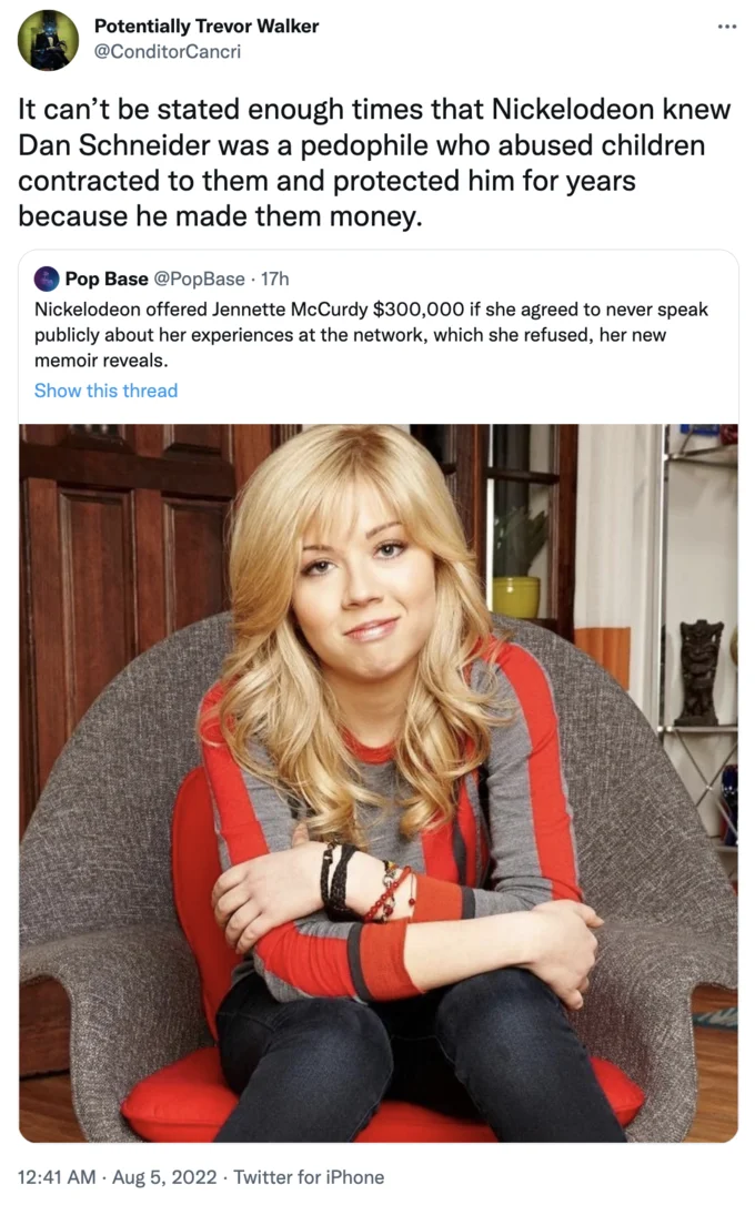Jennette Mccurdy 2022 Memoir Allegations Against Dan Schneider — Tweet accusing Nickelodeon of protecting Dan Schneider for years