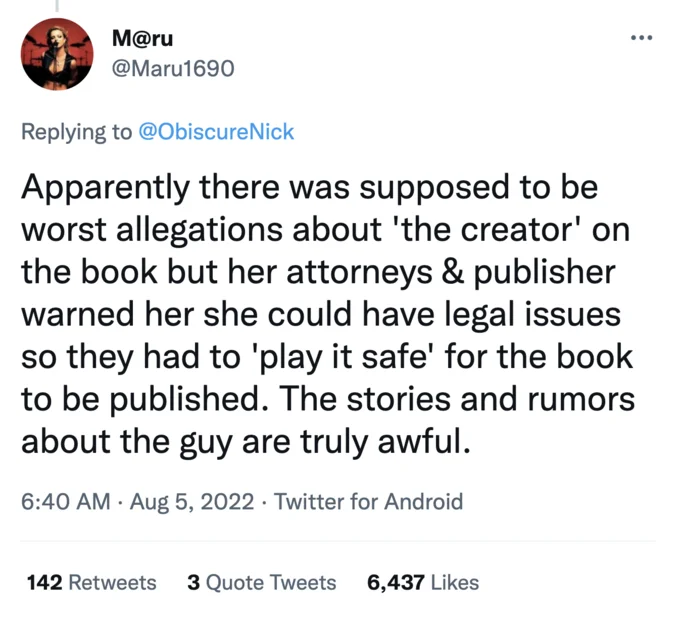 Jennette Mccurdy 2022 Memoir Allegations Against Dan Schneider — Tweet claiming McCurdy's memoir softened 'the Creator' allegations for legal reasons