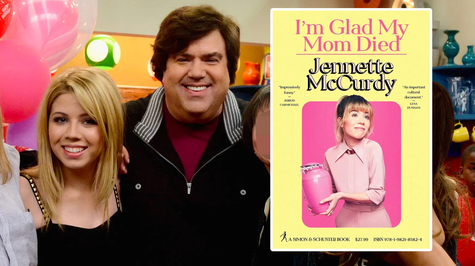 Jennette Mccurdy 2022 Memoir Allegations Against Dan Schneider — Jennette McCurdy with Dan Schneider next to her memoir cover 'I'm Glad My Mom Died'