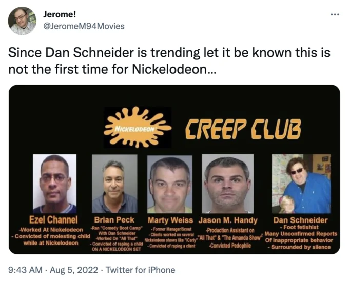 Jennette Mccurdy 2022 Memoir Allegations Against Dan Schneider — Tweet with 'Nickelodeon Creep Club' graphic of accused former staff