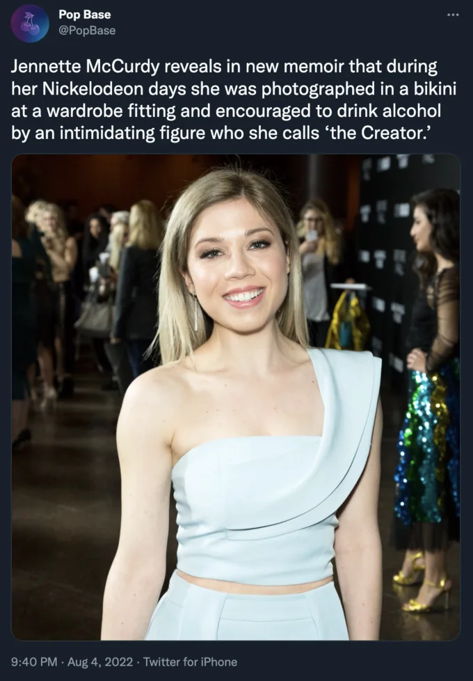 Jennette Mccurdy 2022 Memoir Allegations Against Dan Schneider — Pop Base tweet about McCurdy's 'the Creator' allegations from her memoir