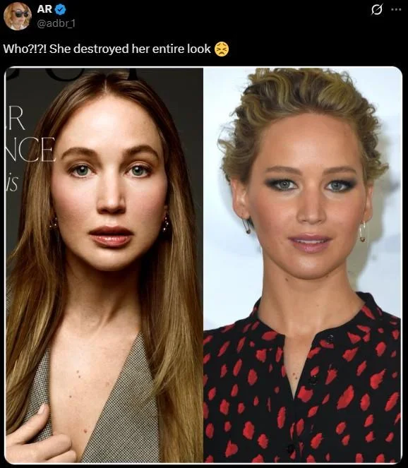 Jennifer Lawrence Plastic Surgery — Tweet reacting with shock to Jennifer Lawrence's changed appearance