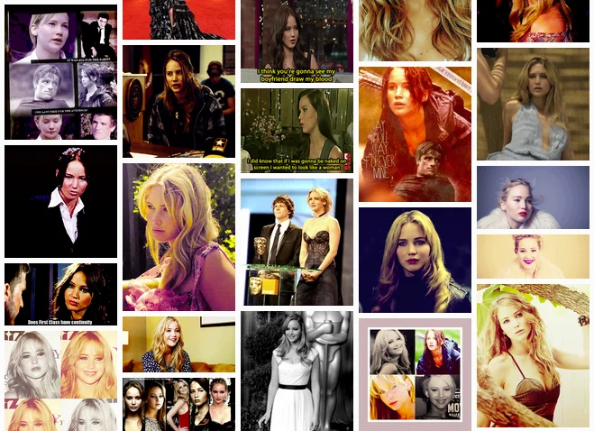 Collage of many Jennifer Lawrence photos from movies and events
