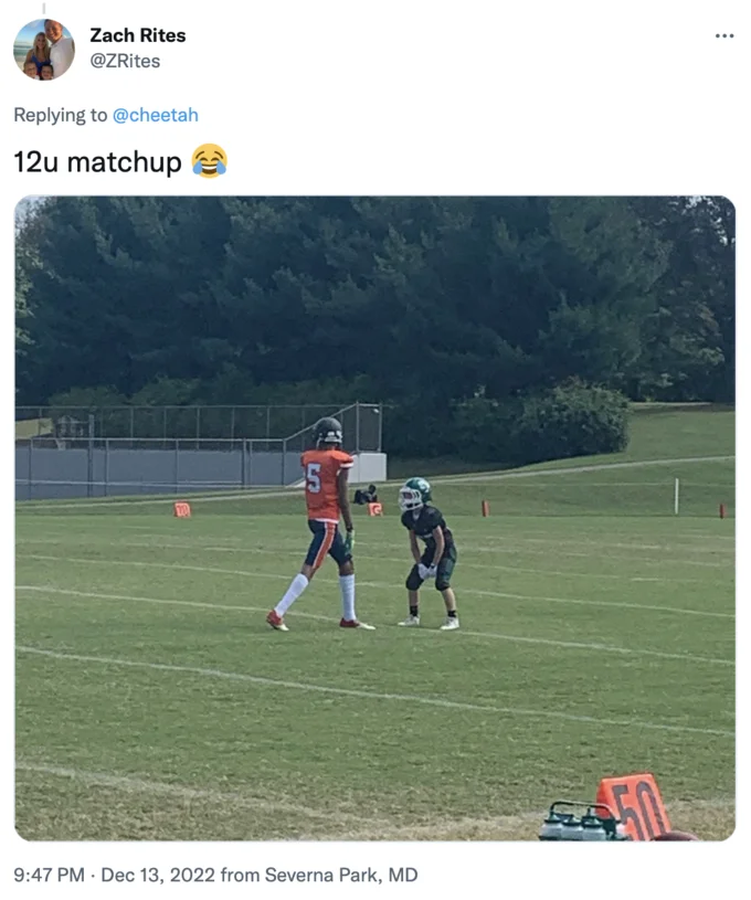 Jeremiah Johnson The 12 Year Old Football Player — Tweet showing size mismatch between two 12U football players on a field