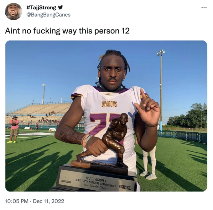 Jeremiah Johnson The 12 Year Old Football Player — Tweet from @BangBangCanes reacting to Jeremiah Johnson holding 12U MVP trophy