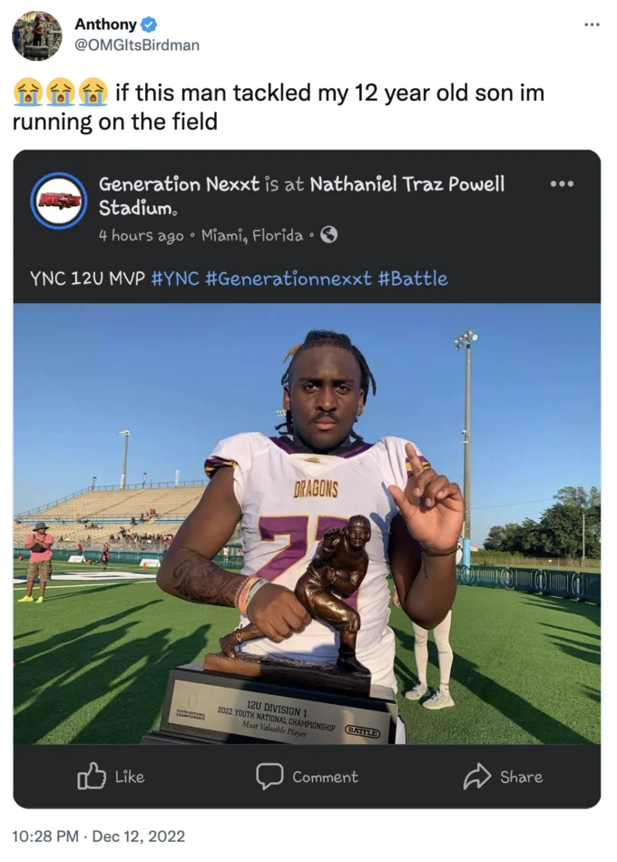 Jeremiah Johnson The 12 Year Old Football Player — Tweet reacting to Facebook post naming Jeremiah Johnson YNC 12U MVP with trophy
