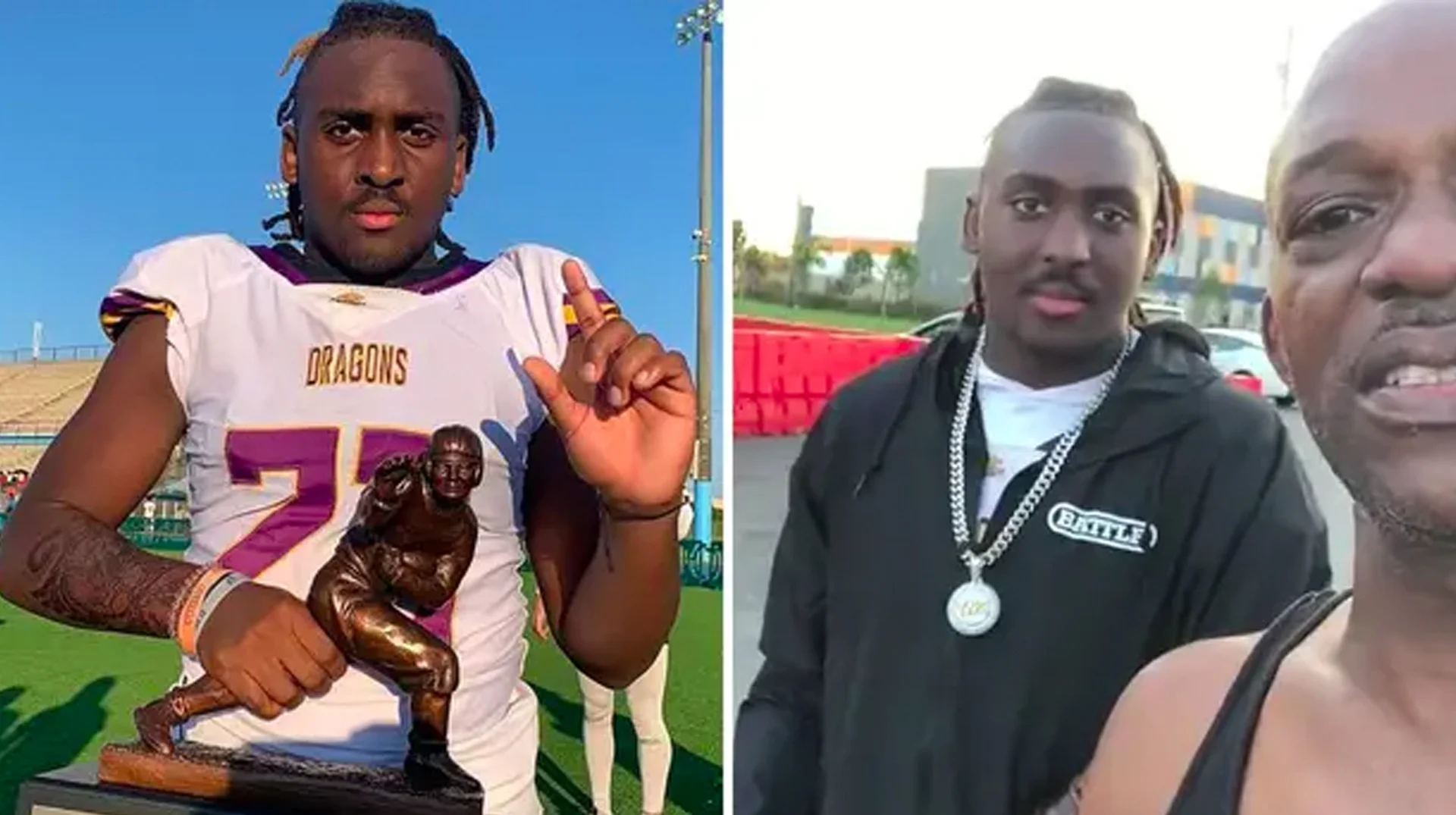 Jeremiah Johnson The 12 Year Old Football Player — Split image of Jeremiah Johnson in Dragons football jersey with trophy and in selfie with older man