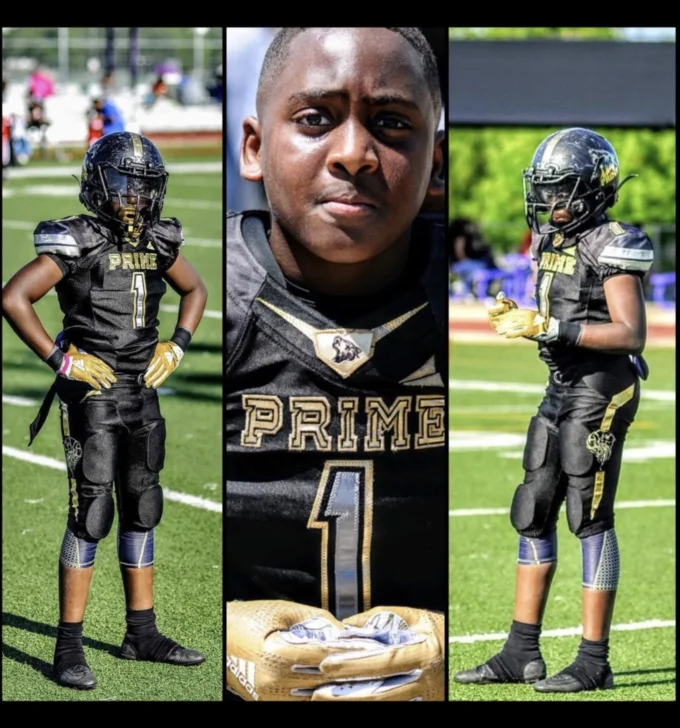 Jeremiah Johnson The 12 Year Old Football Player — Collage of young football player in black Prime #1 jersey posing on the field