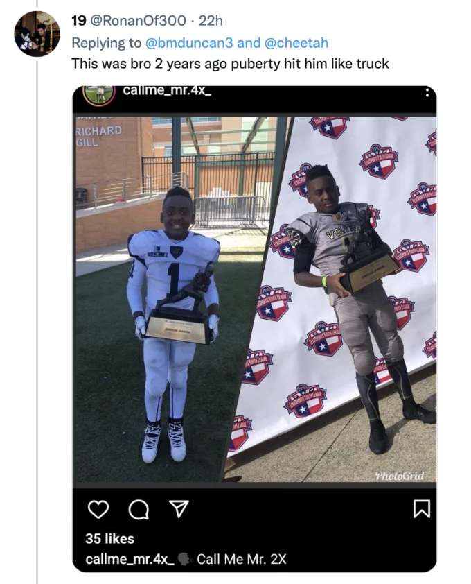 Jeremiah Johnson The 12 Year Old Football Player — Tweet showing Jeremiah Johnson two years earlier holding MVP trophies with caption about puberty