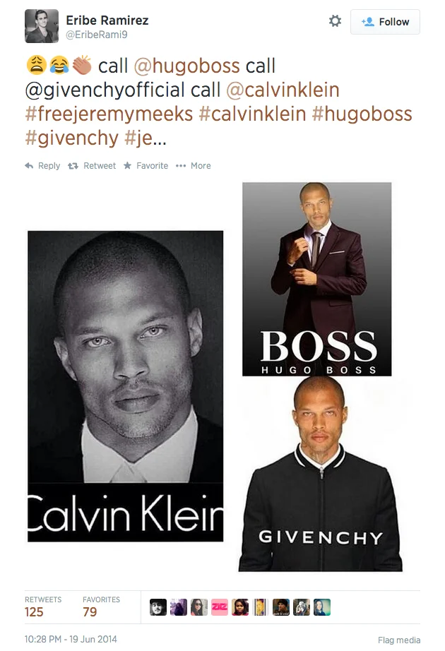 Jeremy Meeks' Mugshot — Tweet asking Calvin Klein, Hugo Boss and Givenchy to hire Jeremy Meeks with mocked-up fashion ads.