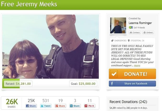 Jeremy Meeks' Mugshot — Screenshot of the Free Jeremy Meeks online fundraiser page for his legal defense.