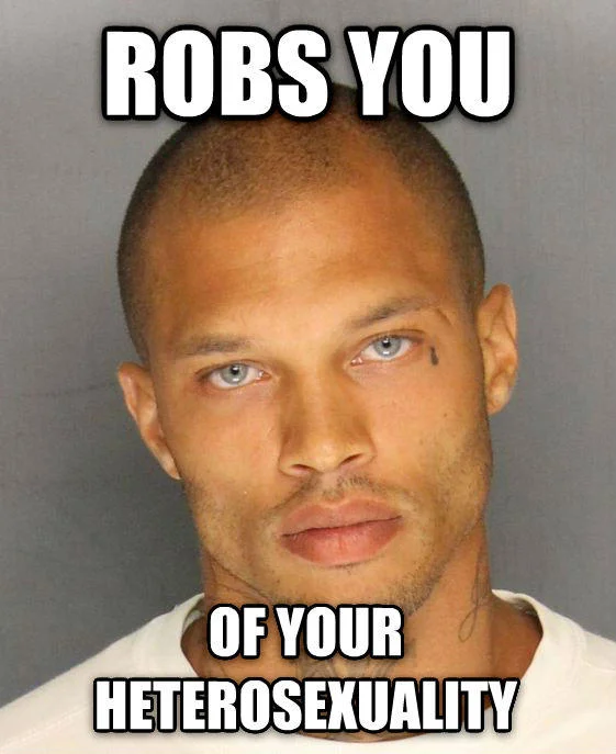 Jeremy Meeks' Mugshot — Jeremy Meeks mugshot meme captioned Robs you of your heterosexuality.