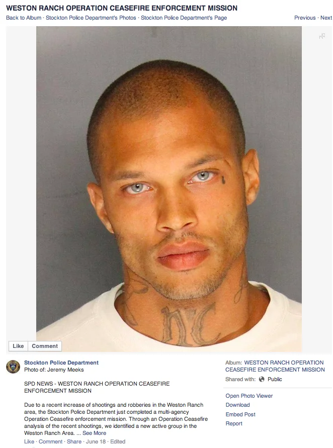 Facebook screenshot of Stockton Police Department post featuring Jeremy Meeks' mugshot.