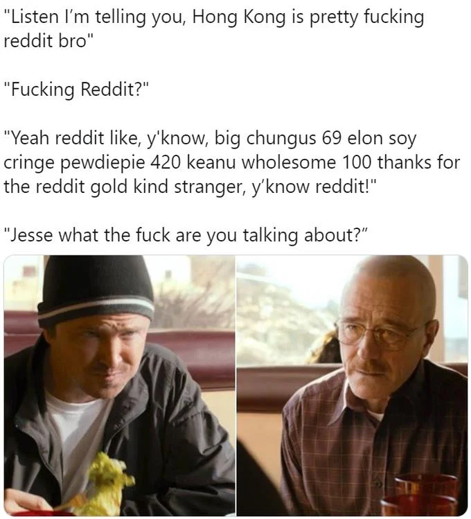 Jesse What Are You Talking About — Heavily text-overlaid meme with quoted convoluted discussion followed by Jesse and Walter responding with confusion.