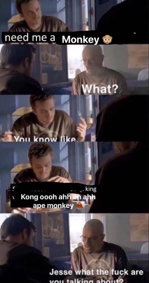 Jesse What The Fuck Are You Talking About — Darker vertical multi-panel meme strip where Jesse requests 'a Monkey' with nonsensical elaboration while Walter