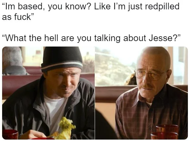 Jesse What The Fuck Are You Talking About — Clean two-panel side-by-side meme with Jesse saying 'Im based, you know? Like I'm just redpilled as fuck' and
