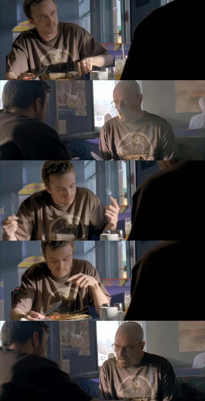 Jesse What The Fuck Are You Talking About — Clean, text-free vertical strip of five Breaking Bad diner scene panels alternating between Jesse Pinkman and