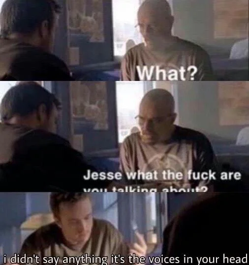 Jesse What The Fuck Are You Talking About — Three-panel Breaking Bad meme variant where Walter delivers the catchphrase but Jesse responds 'i didn't say