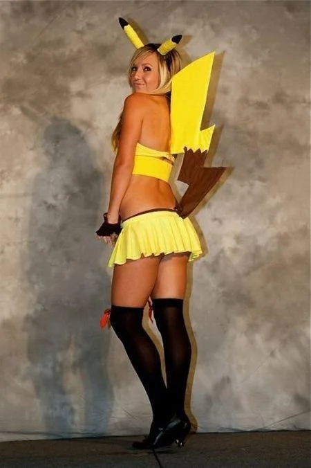 Jessica Nigri in Sexy Pikachu cosplay photographed from behind with Pikachu tail visible