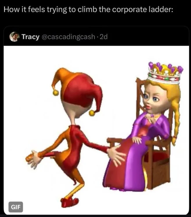 Jester Dancing for Queen GIF — Twitter screenshot captioned 'climbing the corporate ladder' with jester GIF