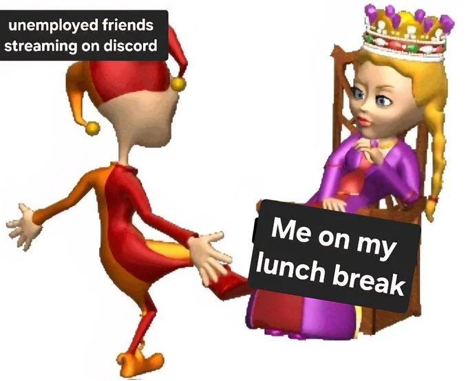 Jester Dancing for Queen GIF — Jester and queen meme with discord streaming and lunch break captions