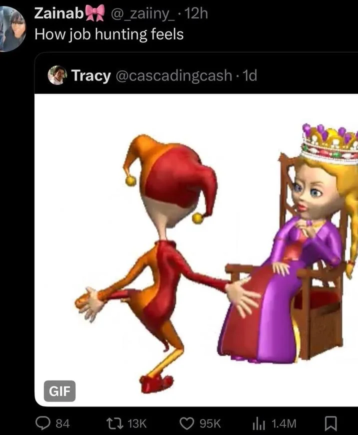 Jester Dancing for Queen GIF — Twitter screenshot captioned 'how job hunting feels' with jester GIF