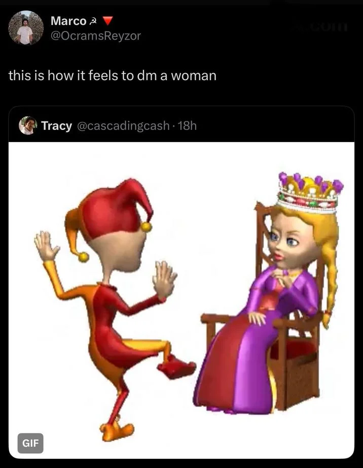 Jester Dancing for Queen GIF — Twitter screenshot using jester GIF to describe DMing a woman
