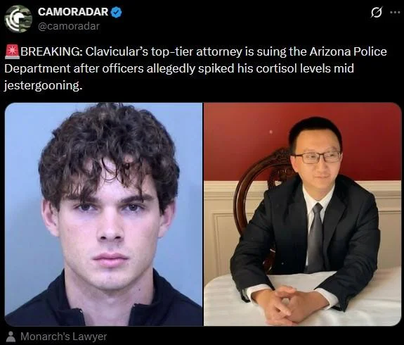 Satirical breaking news post about Clavicular's attorney suing over cortisol spiking mid jestergooning with mugshot and lawyer photos.