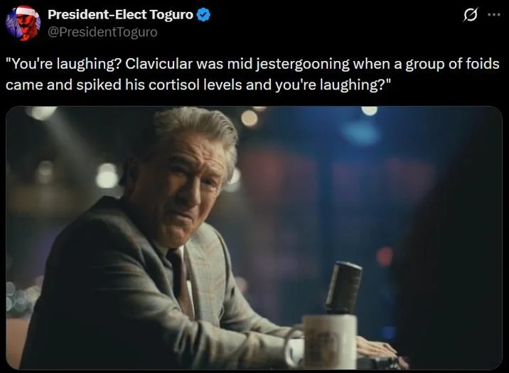 Quote tweet reporting Clavicular was mid jestergooning when foids spiked his cortisol levels, featuring a photo of an older man.