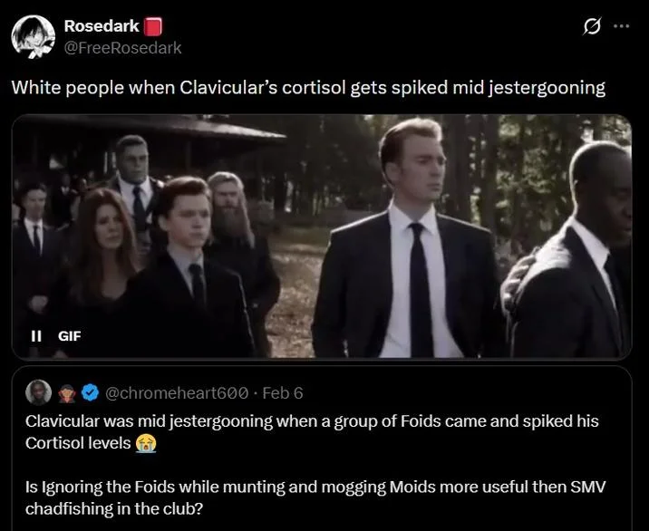 Twitter meme post about Clavicular's cortisol getting spiked mid jestergooning featuring business professionals in formal attire.