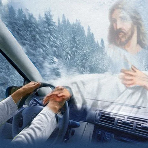 Jesus Take The Wheel — Hands releasing car steering wheel as Jesus reaches over to grab it in snowy scene