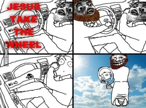 A rage comic-style meme with multiple panels depicting a car scenario with 'JESUS TAKE THE WHEEL' in red text and character reactions.