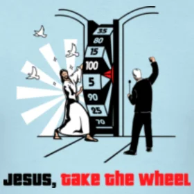 Jesus Take the Wheel — An artistic illustration of a Jesus-like figure with extended arms toward a stylized dashboard with red text 'JESUS' and 'take the