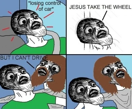 Jesus Take the Wheel — A multi-panel meme featuring rage faces in various car scenarios with text overlays including '*losing control of car*' and 'BUT I CAN'T