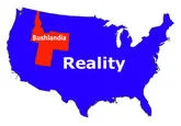 Jesusland — A US map divided into a small red 'Bushlandia' region and a large blue 'Reality' region satirizing the 2004 election results.