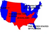 A small, color-coded US map subdivided into multiple satirically labeled regions including 'Jesusland' and 'United States of Florida.'