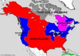 A colorful satirical map of North America divided into labeled regions with 'Jesusland' over southern and central US states and 'Too Cold to Care' for northern