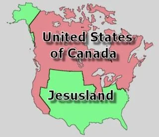 The iconic original Jesusland map dividing North America into 'United States of Canada' in pink and 'Jesusland' in green with bold black text labels.